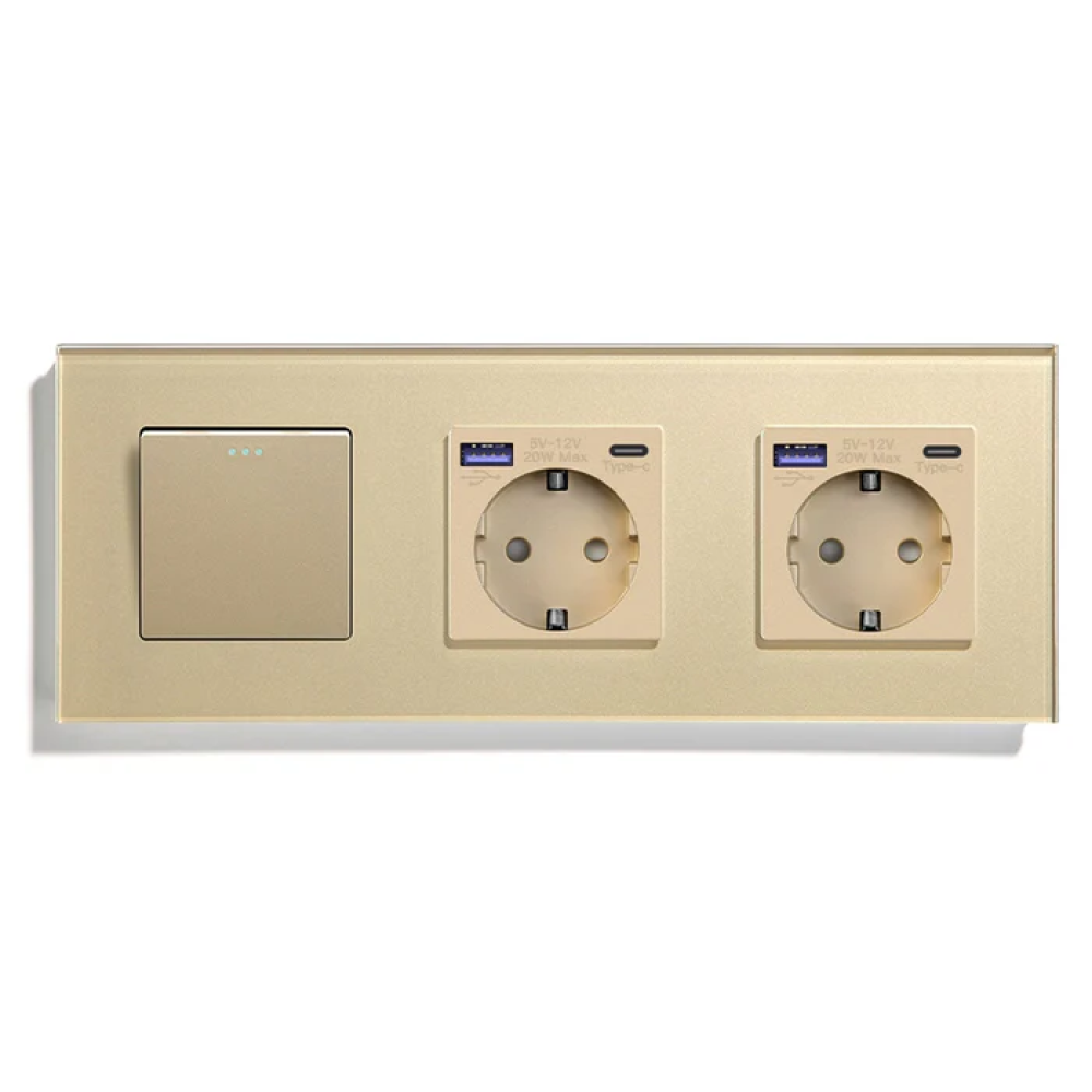 Перехресний вимикач з двома розетками з USB A+C 20Вт, із заземленням, захисні шторки, LUXION золото скло