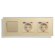 Перехресний вимикач з двома розетками з USB A+C 20Вт, із заземленням, захисні шторки, LUXION золото скло