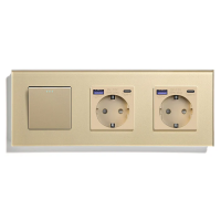 Перехресний вимикач з двома розетками з USB A+C 20Вт, із заземленням, захисні шторки, LUXION золото скло