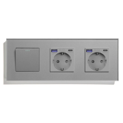 Перехресний вимикач з двома розетками з USB A+C 20Вт, із заземленням, захисні шторки, LUXION сірий скло