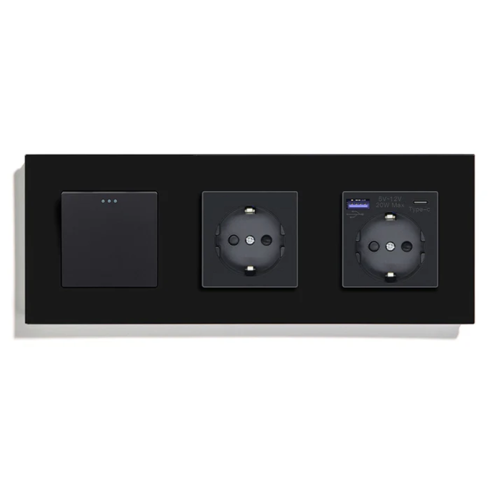 Перехресний вимикач з розеткою та розеткою з USB A+C 20Вт, із заземленням, захисні шторки, LUXION чорний скло
