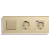 Перехресний вимикач з розеткою та розеткою з USB A+C 20Вт, із заземленням, захисні шторки, LUXION золото скло