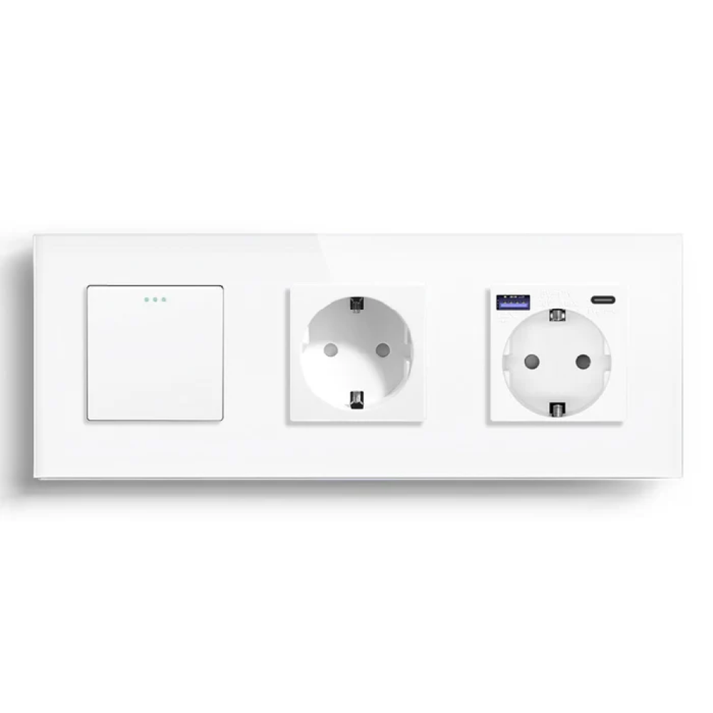 Перехресний вимикач з розеткою та розеткою з USB A+C 20Вт, із заземленням, захисні шторки, LUXION білий скло