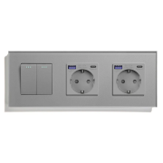 Вимикач універсальний 2-клавішний з двома розетками з USB A+C 20Вт, заземлення, LUXION сірий скло