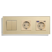 Вимикач універсальний 2-клавішний з розеткою та розеткою з USB A+C 20Вт, заземлення, LUXION золото скло