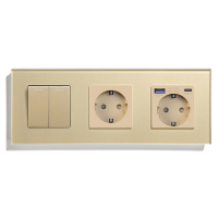 Вимикач універсальний 2-клавішний з розеткою та розеткою з USB A+C 20Вт, заземлення, LUXION золото скло