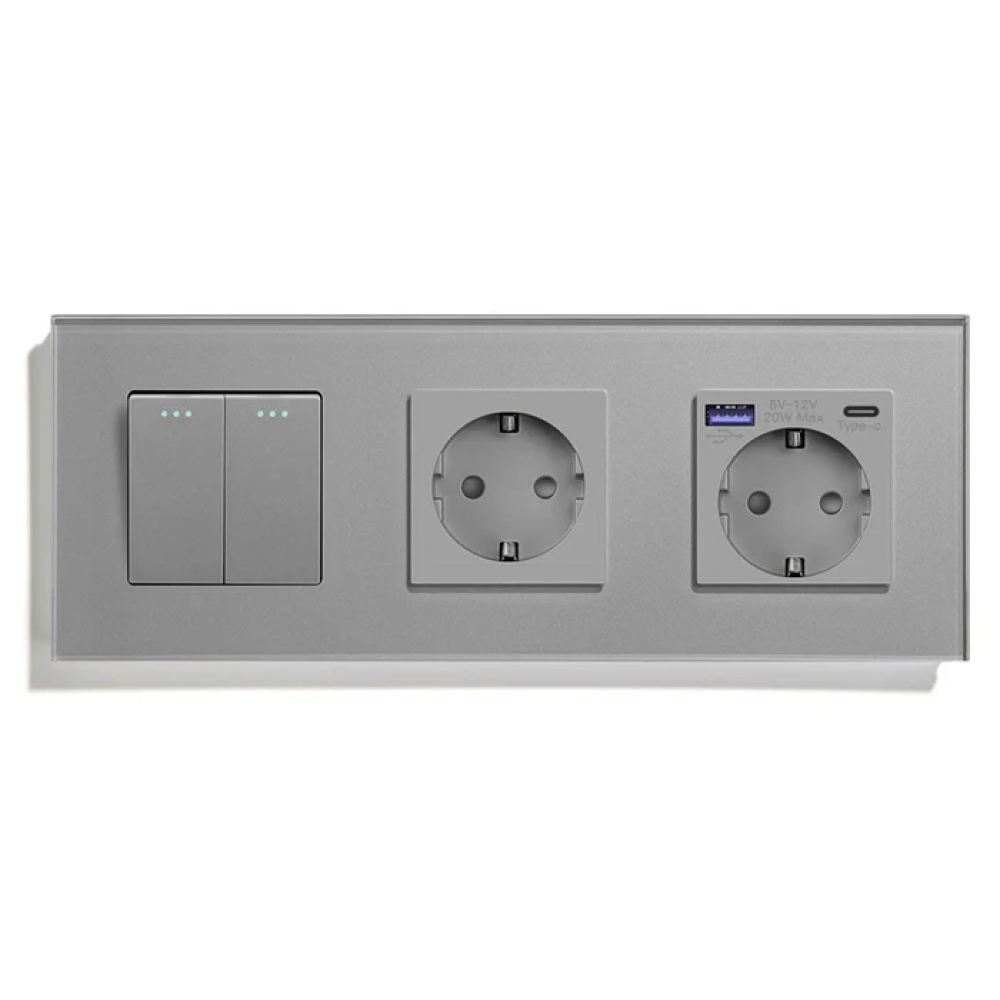Вимикач універсальний 2-клавішний з розеткою та розеткою з USB A+C 20Вт, заземлення, LUXION сірий скло