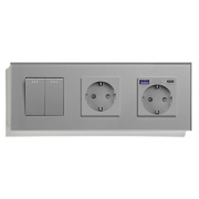 Вимикач універсальний 2-клавішний з розеткою та розеткою з USB A+C 20Вт, заземлення, LUXION сірий скло