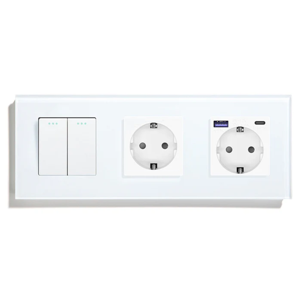 Вимикач універсальний 2-клавішний з розеткою та розеткою з USB A+C 20Вт, заземлення, LUXION білий скло
