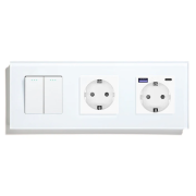Вимикач універсальний 2-клавішний з розеткою та розеткою з USB A+C 20Вт, заземлення, LUXION білий скло