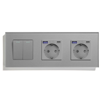 Перехресний 2-клавішний вимикач з двома розетками з USB A+C 20Вт, заземлення, LUXION сірий скло