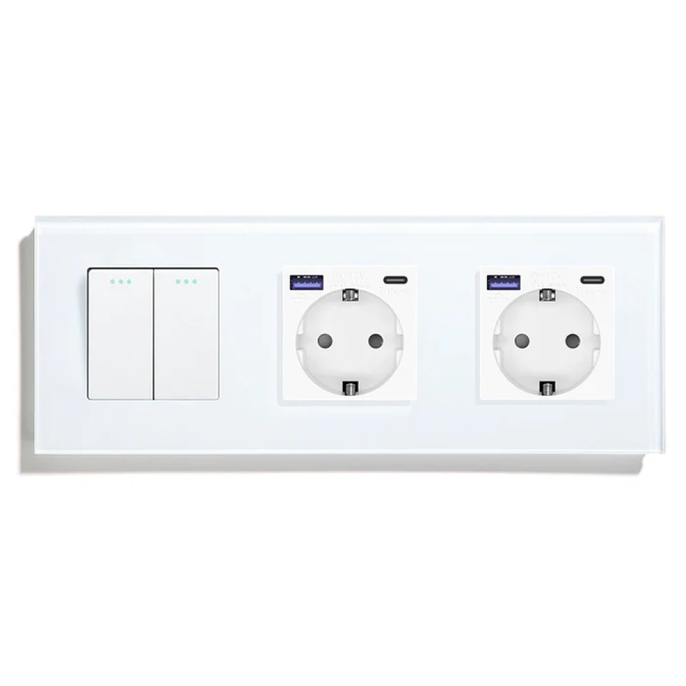 Перехресний 2-клавішний вимикач з двома розетками з USB A+C 20Вт, заземлення, LUXION білий скло