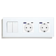 Перехресний 2-клавішний вимикач з двома розетками з USB A+C 20Вт, заземлення, LUXION білий скло