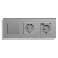 Перехресний 2-клавішний вимикач з розеткою та розеткою з USB A+C 20Вт, заземлення, LUXION сірий скло