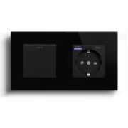 Перехресний вимикач LUXION з розеткою та USB A+C 20Вт, чорний, скло, із заземленням і захисними шторками
