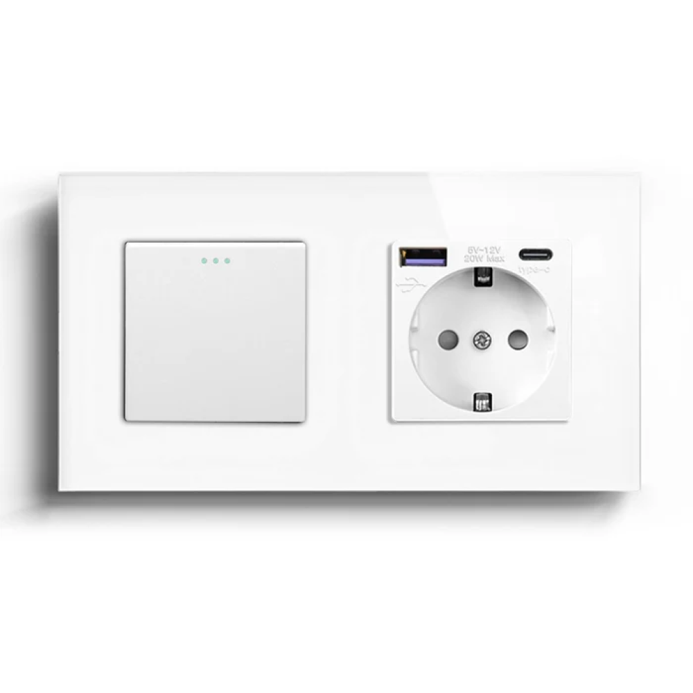 Перехресний вимикач LUXION з розеткою та USB A+C 20Вт, білий, скло, із заземленням і захисними шторками