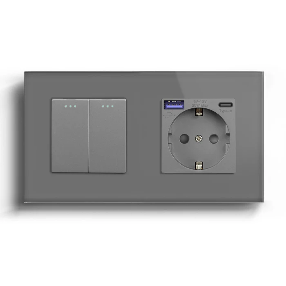 Подвійний вимикач без фіксації LUXION з розеткою та USB A+C 20Вт, сірий, скло, заземлення