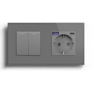 Подвійний вимикач без фіксації LUXION з розеткою та USB A+C 20Вт, сірий, скло, заземлення