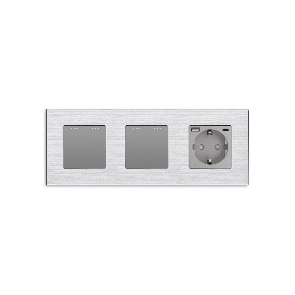 Перехресний вимикач 4-клавішний (2-2) з розеткою з USB A+C 20Вт, заземлення, WALLPAD 16А 230 В, сірий алюміній
