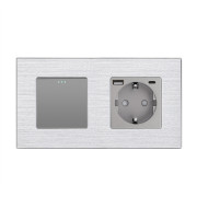 Перехресний вимикач WALLPAD з розеткою та USB A+C 20Вт, сірий, алюміній, із заземленням і захисними шторками