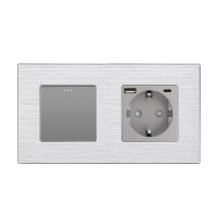 Перехресний вимикач WALLPAD з розеткою та USB A+C 20Вт, сірий, алюміній, із заземленням і захисними шторками