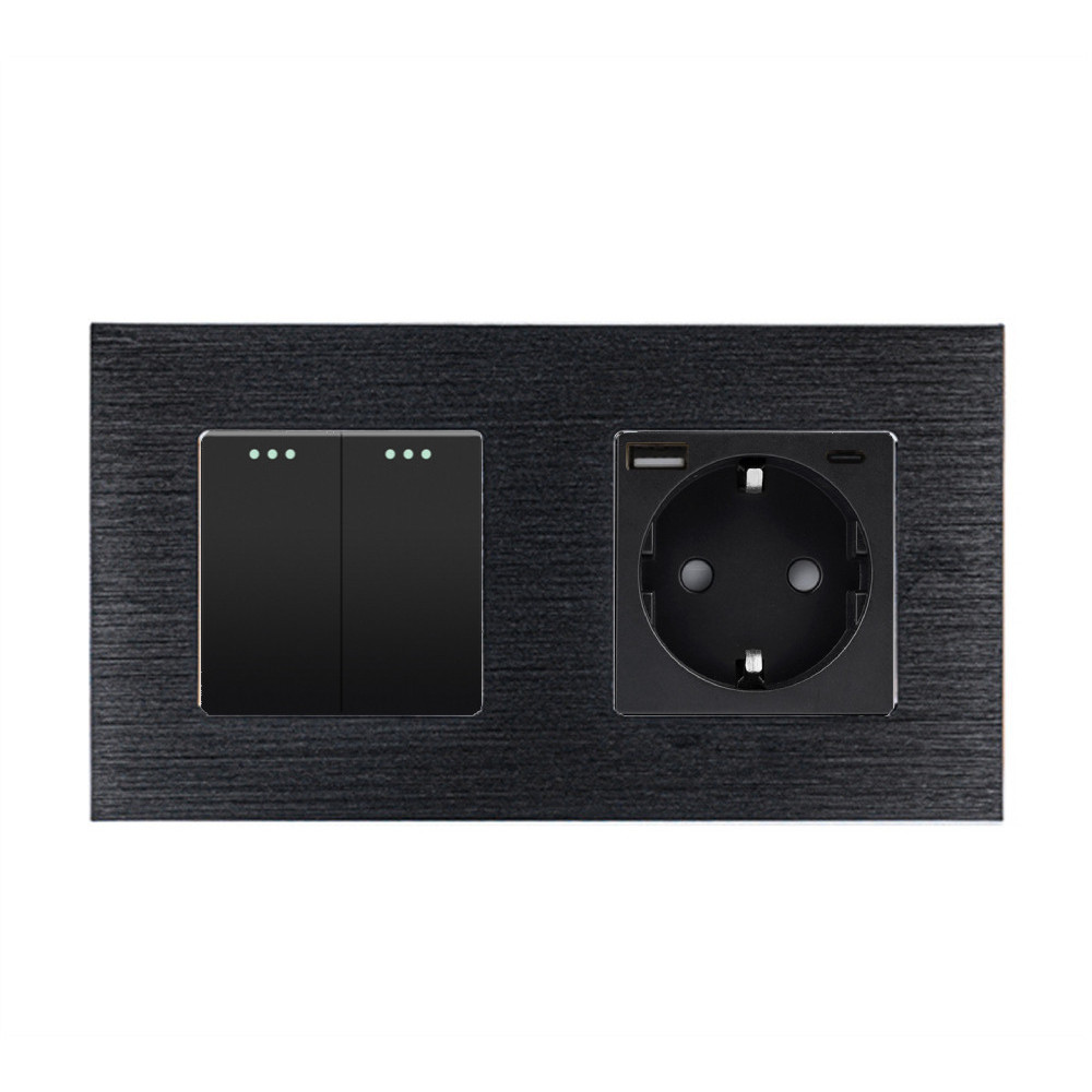 Двоклавішний перехресний вимикач WALLPAD з розеткою та USB A+C 20Вт, чорний, алюміній, заземлення