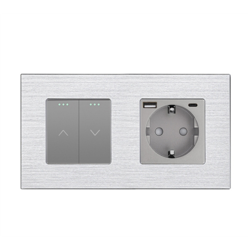 Подвійний вимикач без фіксації WALLPAD з розеткою та USB A+C 20Вт, сірий, алюміній, заземлення