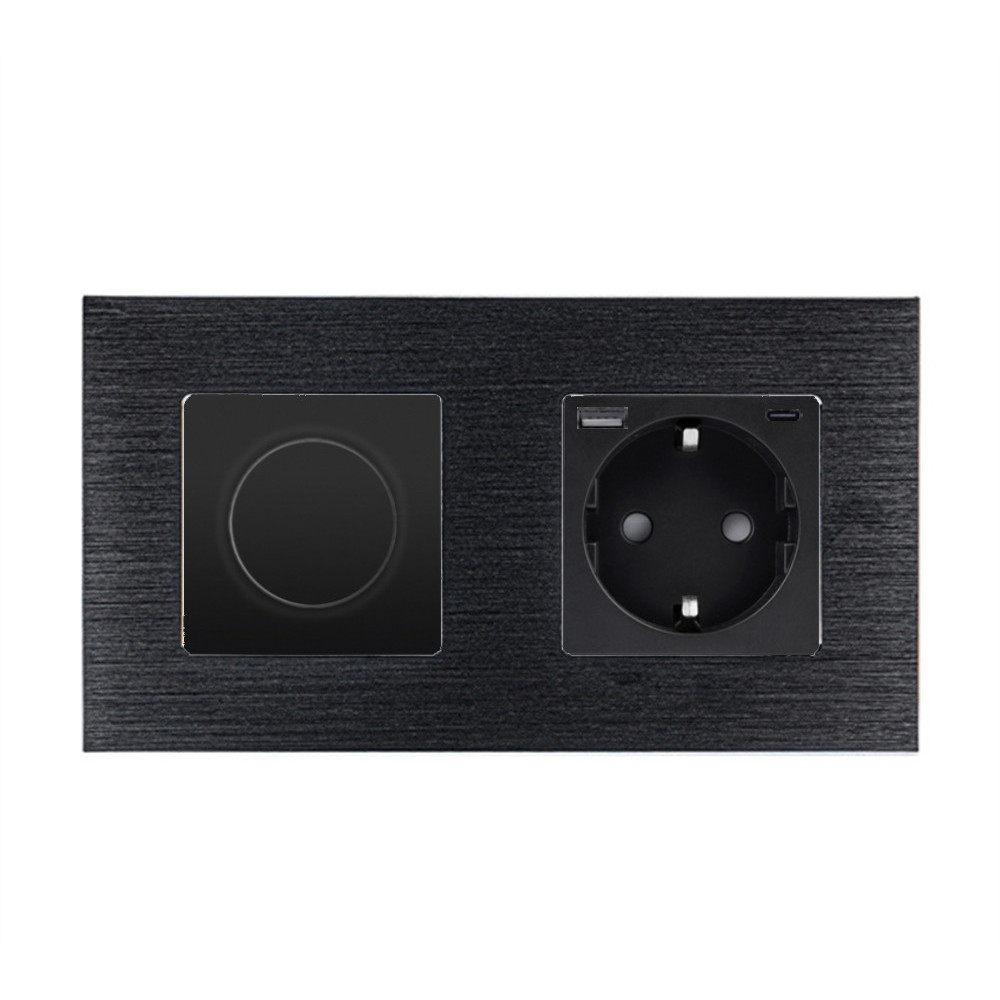 Роторний димер з розеткою USB A+C 20Вт WALLPAD 16А 230В, із заземленням, шторки, чорний, алюміній
