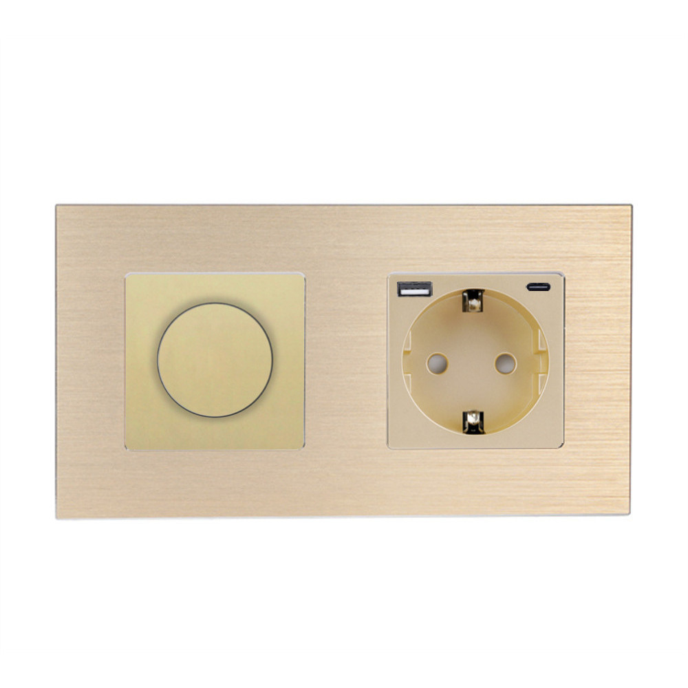 Роторний димер з розеткою USB A+C 20Вт WALLPAD 16А 230В, із заземленням, шторки, золото, алюміній
