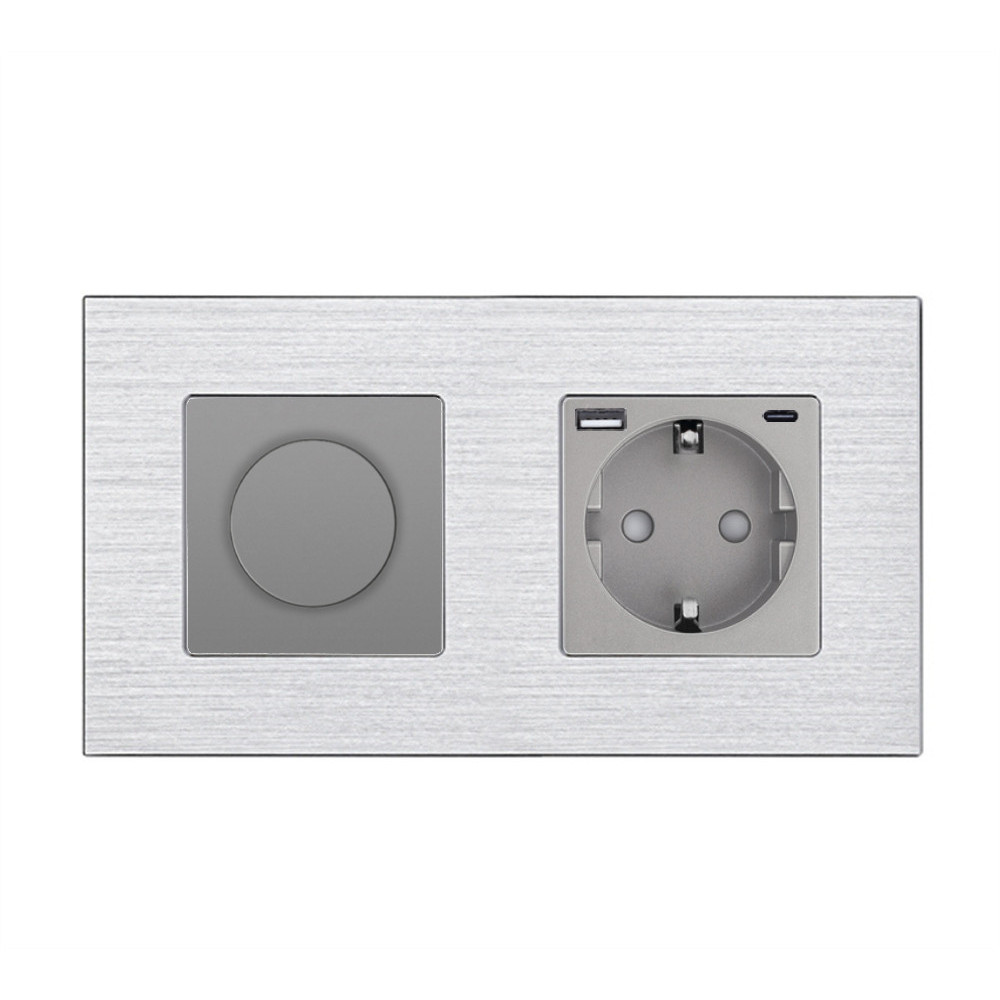 Роторний димер з розеткою USB A+C 20Вт WALLPAD 16А 230В, із заземленням, шторки, сірий, алюміній