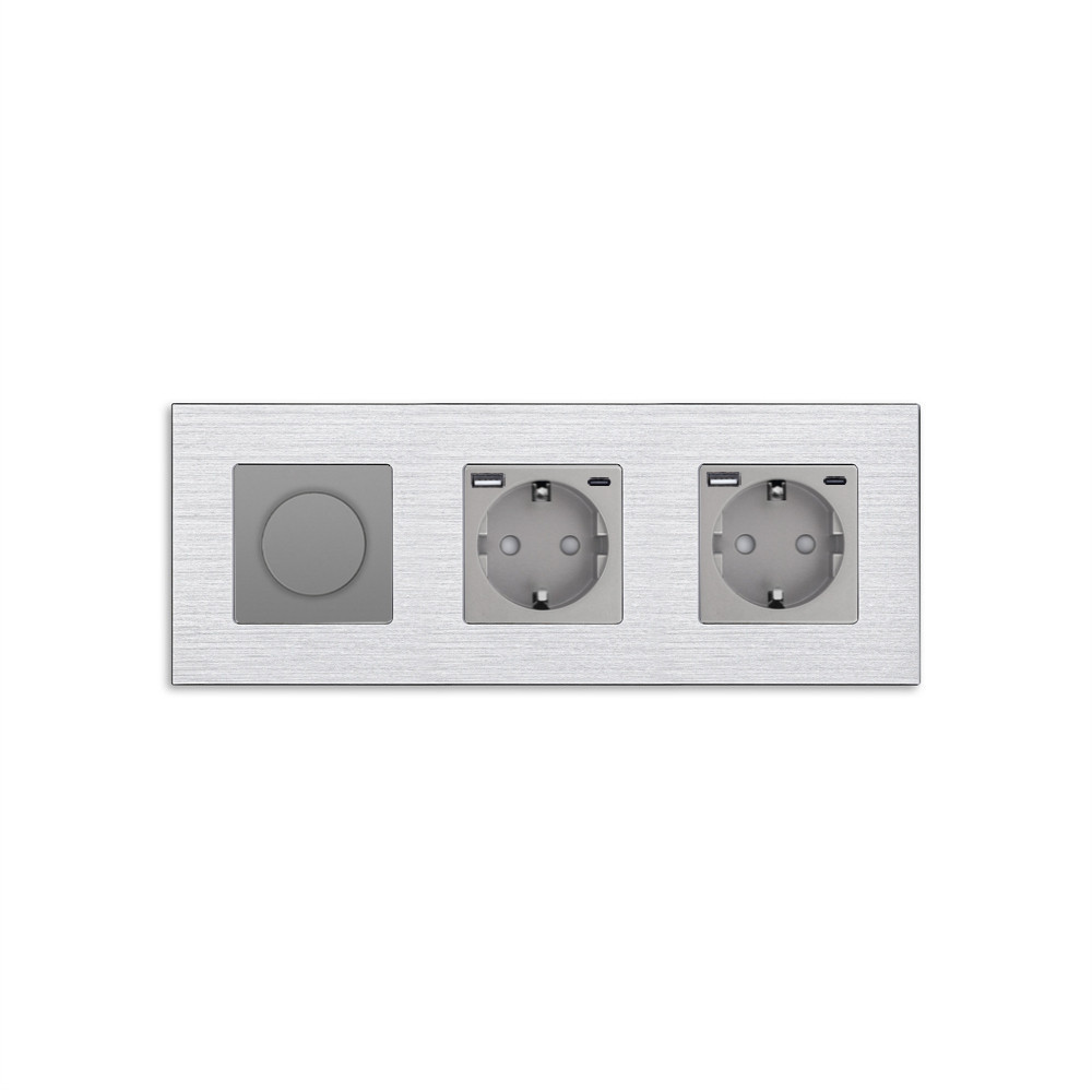 Роторний димер WALLPAD з двома розетками з USB A+C 20Вт, сірий, алюміній, 16A 230V, із заземленням, шторки