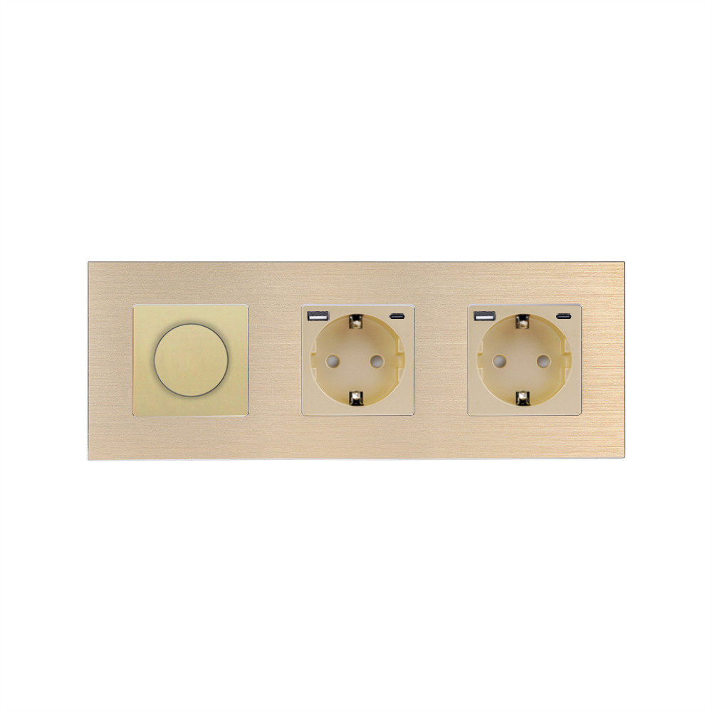 Роторний димер WALLPAD з двома розетками з USB A+C 20Вт, золотий, алюміній, 16A 230V, із заземленням, шторки