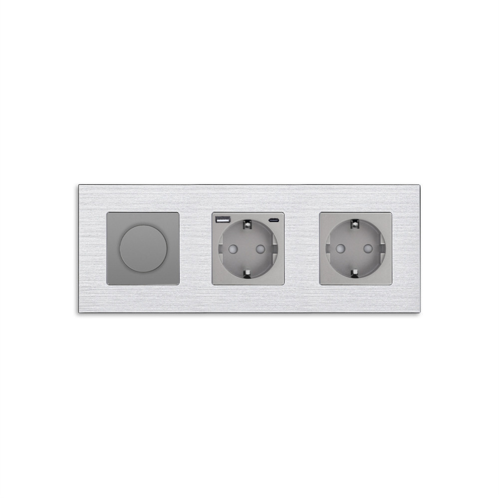 Роторний димер WALLPAD з розеткою та розеткою з USB A+C 20Вт, сірий, алюміній, 16A 230V, заземлення, шторки