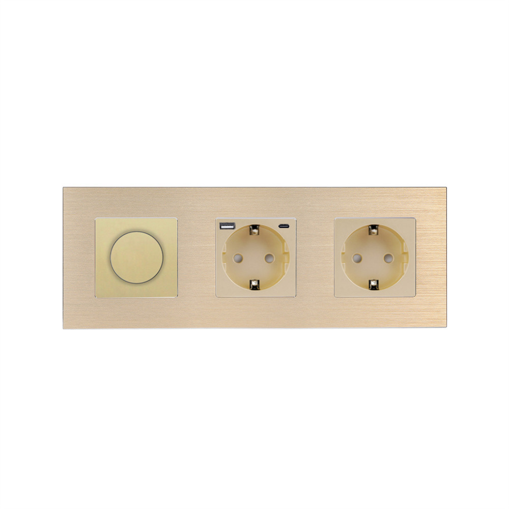 Роторний димер WALLPAD з розеткою та розеткою з USB A+C 20Вт, золотий, алюміній, 16A 230V, заземлення, шторки