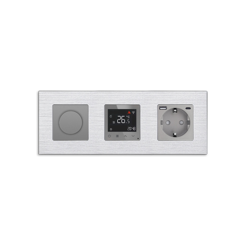 Роторний димер WALLPAD з терморегулятором і розеткою з USB A+C 20Вт, сірий, алюміній, 16A 230V, заземлення