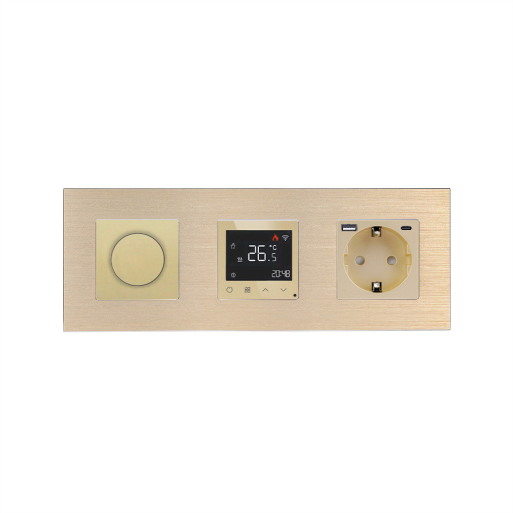 Роторний димер WALLPAD з терморегулятором і розеткою з USB A+C 20Вт, золотий, алюміній, 16A 230V, заземлення