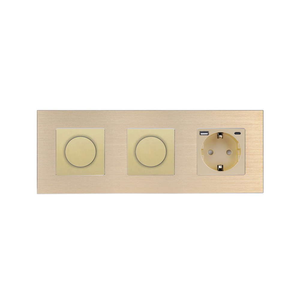 Роторний димер WALLPAD 2 клавіші (1-1) з розеткою з USB A+C 20Вт, 16A 230V, заземлення, золото алюміній