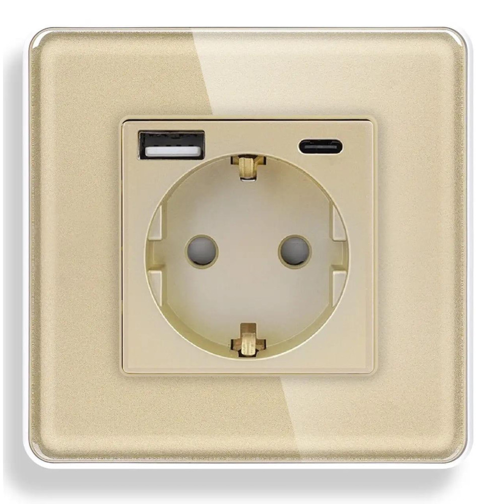 Розетка ELIOS з USB A+C 20Вт для зарядки, із заземленням, золота скляна рамка, сенсорна настінна 250В 16А