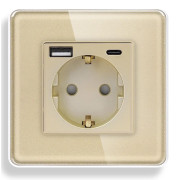 Розетка ELIOS з USB A+C 20Вт для зарядки, із заземленням, золота скляна рамка, сенсорна настінна 250В 16А