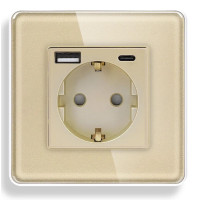 Розетка ELIOS з USB A+C 20Вт для зарядки, із заземленням, золота скляна рамка, сенсорна настінна 250В 16А