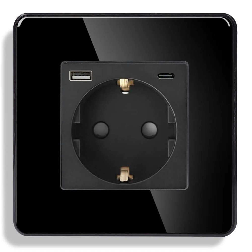Розетка ELIOS з USB A+C 20Вт для зарядки, із заземленням, чорна скляна рамка, сенсорна настінна 250В 16А