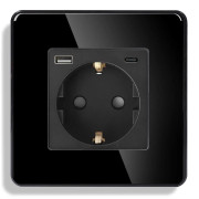 Розетка ELIOS з USB A+C 20Вт для зарядки, із заземленням, чорна скляна рамка, сенсорна настінна 250В 16А