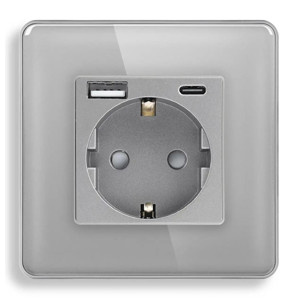 Розетка ELIOS з USB A+C 20Вт для зарядки, із заземленням, сіра скляна рамка, сенсорна настінна 250В 16А