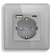 Розетка ELIOS з USB A+C 20Вт для зарядки, із заземленням, сіра скляна рамка, сенсорна настінна 250В 16А