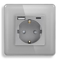 Розетка ELIOS з USB A+C 20Вт для зарядки, із заземленням, сіра скляна рамка, сенсорна настінна 250В 16А