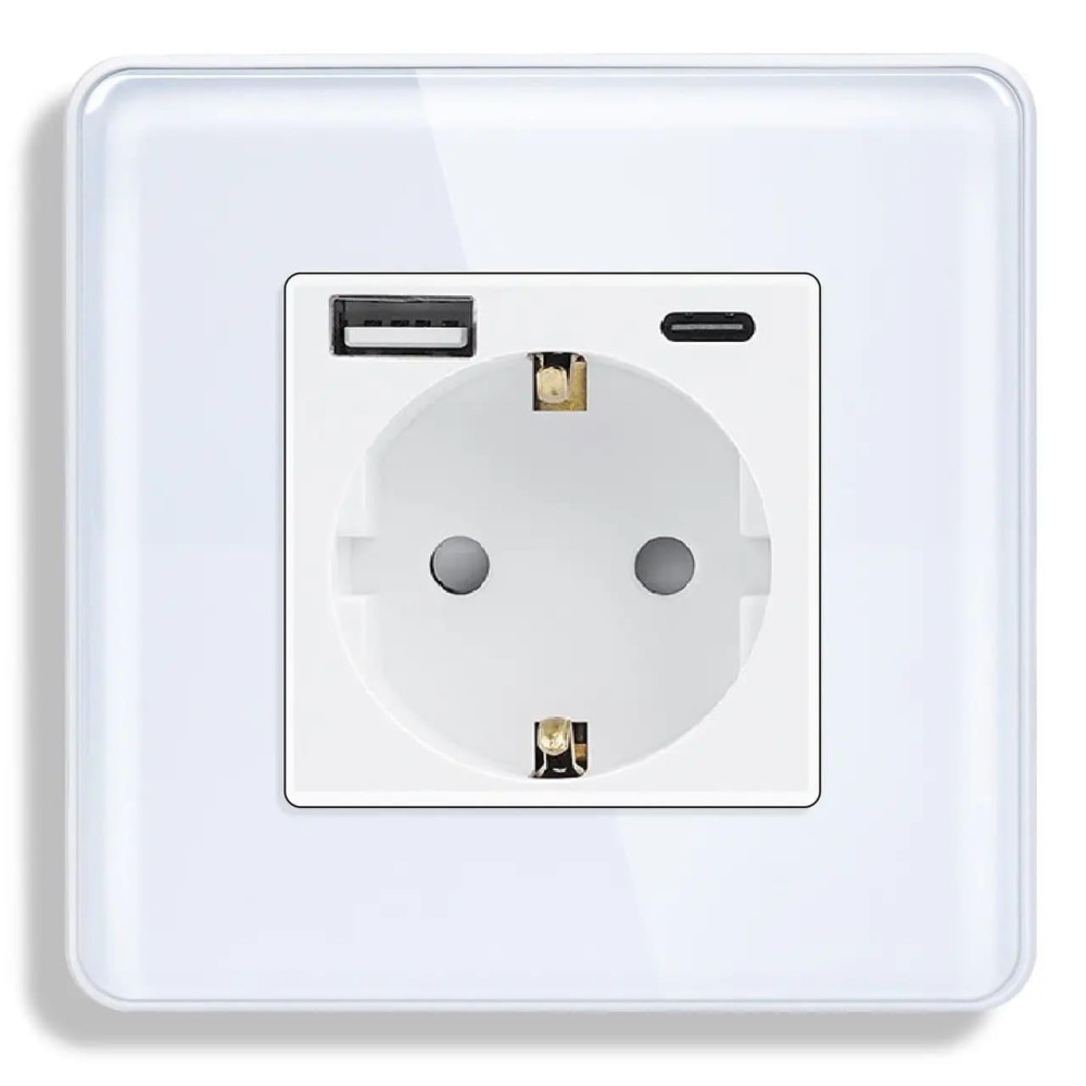 Розетка ELIOS з USB A+C 20Вт для зарядки, із заземленням, біла скляна рамка, сенсорна настінна 250В 16А