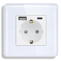 Розетка ELIOS з USB A+C 20Вт для зарядки, із заземленням, біла скляна рамка, сенсорна настінна 250В 16А