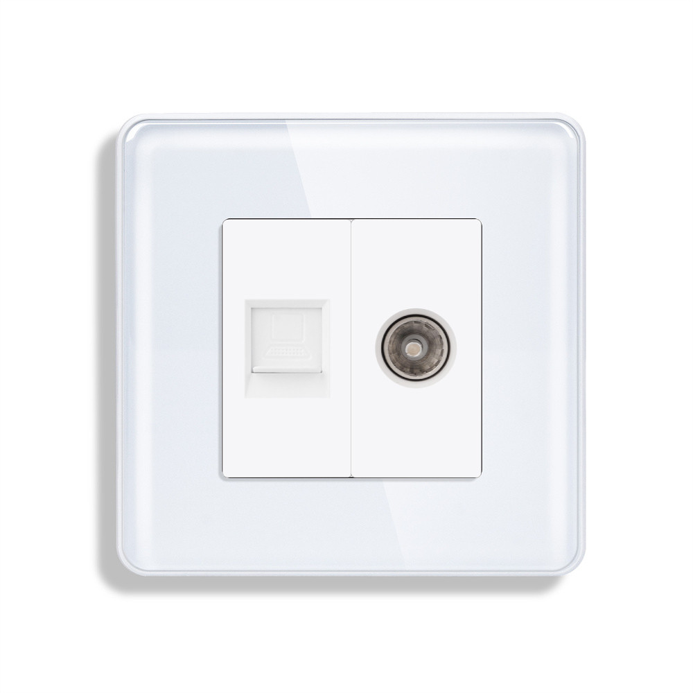 Комп’ютерна розетка RJ-45 + ТВ розетка ELIOS, скляна рамка, білий колір, дизайнерська подвійна розетка