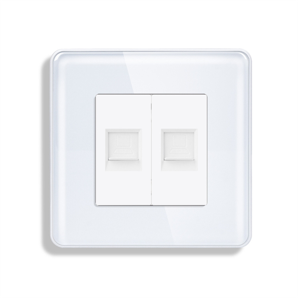 Розетка комп’ютерна подвійна RJ-45 ELIOS, біла, скляна рамка, дизайнерська настінна