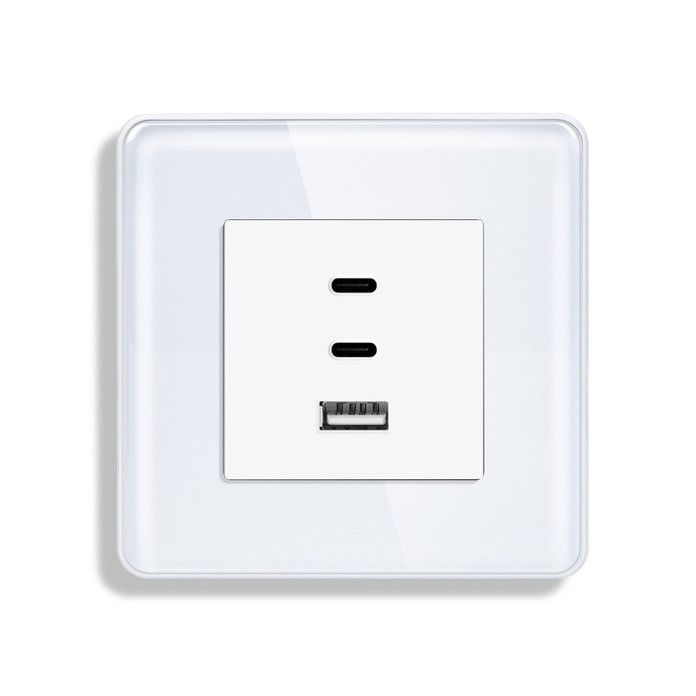 Розетка USB Type-C ELIOS з 65Вт, біла, настінна, дизайнерська, скляна рамка
